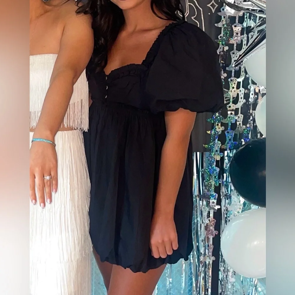 Free People Rendezvous Me Black Puff Sleeve Mini Dress - Picture 2 of 5